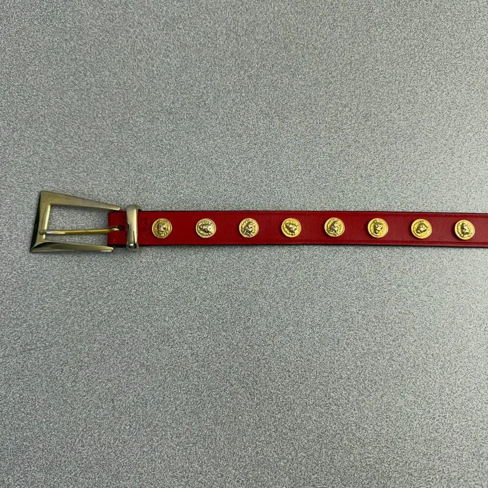 Anne Klein Lion Leather Belt Womens Red Gold Medallion 90s Metal 1" Animals - Picture 3 of 9